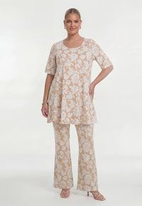 Tunic wide bottom FLOWER STAMP - light brown - #4