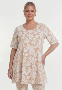 Tunic wide bottom FLOWER STAMP - light brown - #1