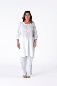 Dress beaded placket LINEN - white - #1