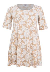 Tunic wide bottom FLOWER STAMP - light brown - #3